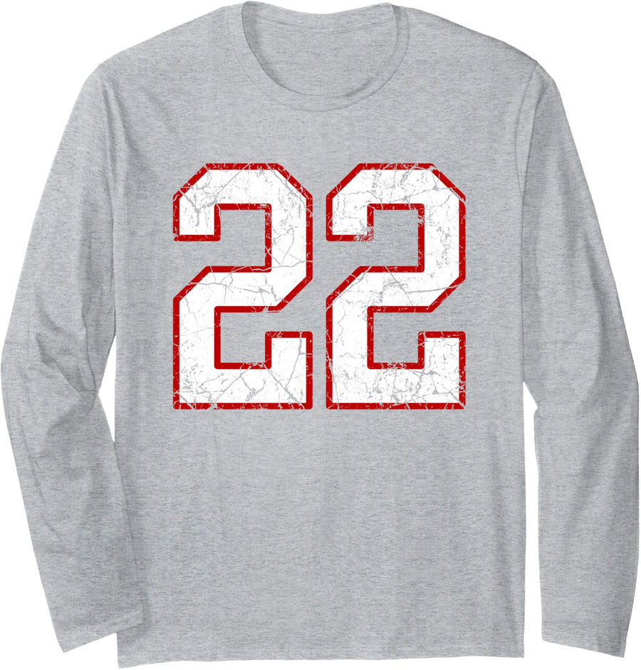 White and Red Sports Number 22 Jersey Uniform Player Long Sleeve T-Shirt - Adult Unisex Heather Grey