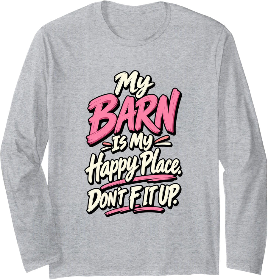 Horse Barn Happy Place Equestrian Ranch Long Sleeve T-Shirt - Adult Unisex Heather Grey