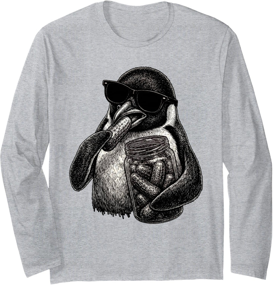 Penguin Eating Pickles Funny Animal Men Women Long Sleeve T-Shirt - Adult Unisex Heather Grey