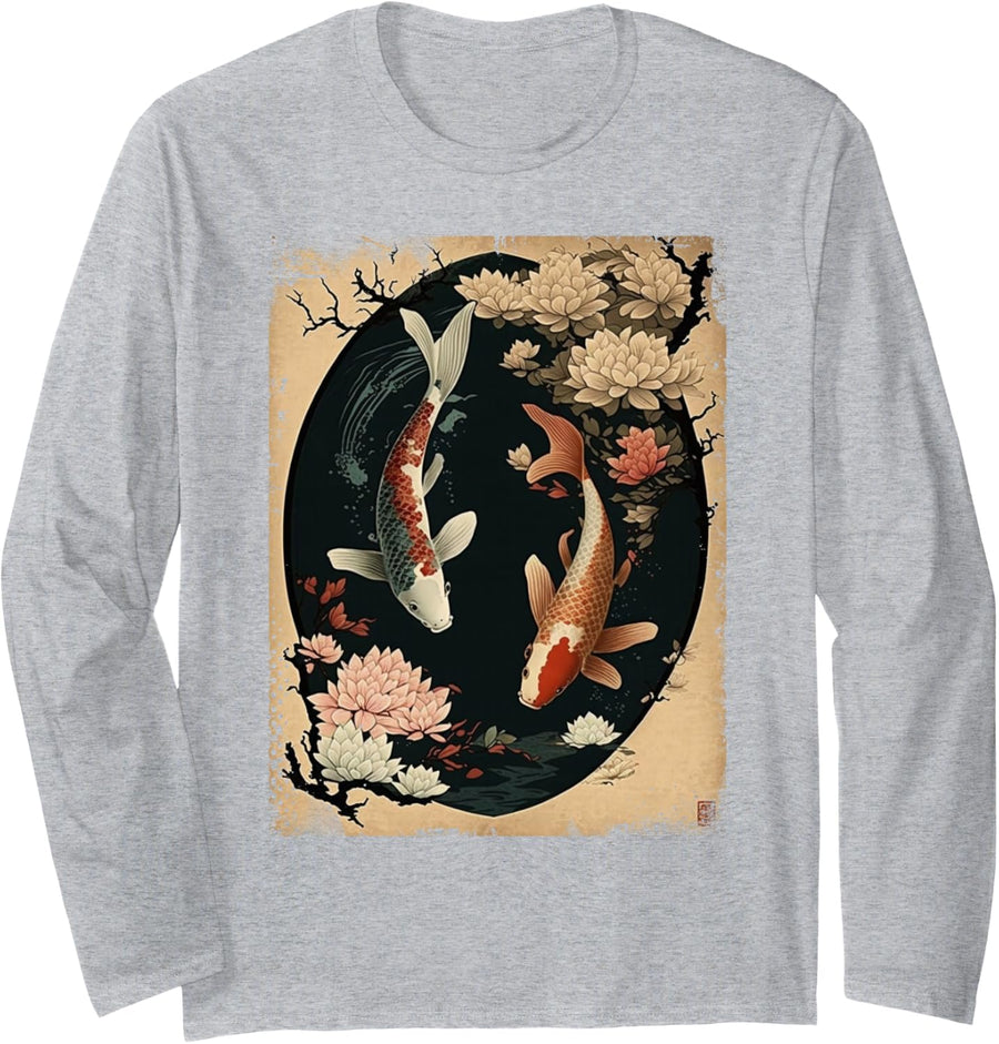 Nishikigoi Koi Carp Fish Japanese Art Japan Cherry Blossom Long Sleeve T-Shirt - Adult Unisex Heather Grey