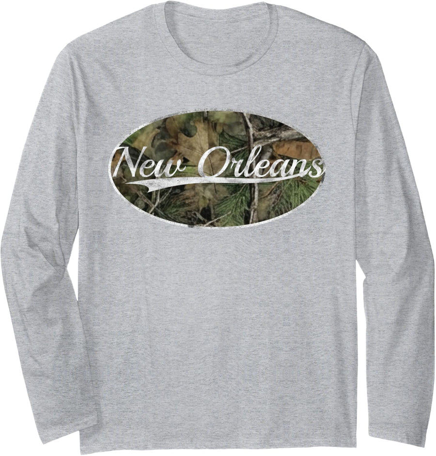 New Orleans NOLA Classic Camo Distressed Design Long Sleeve T-Shirt - Adult Unisex Heather Grey