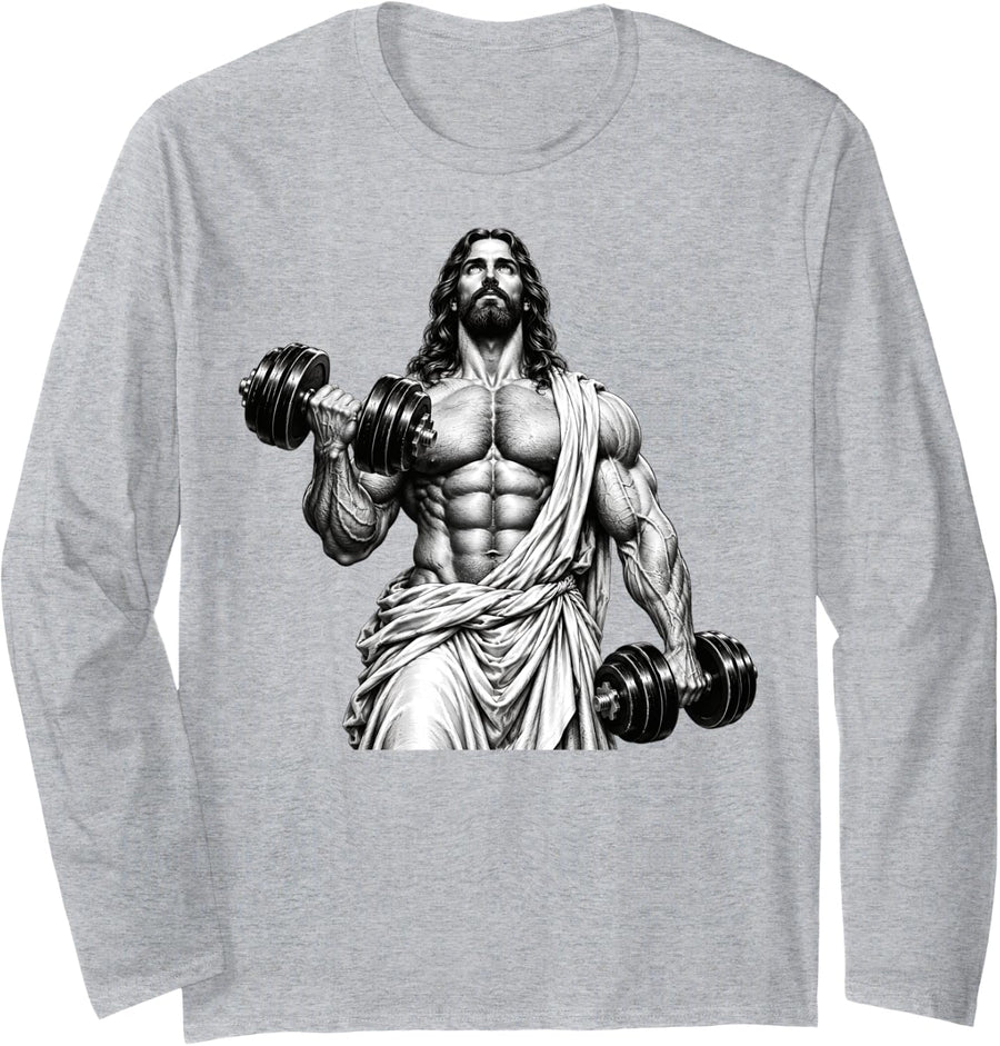 Muscular Jesus Gym Workout Weightlifting Lifting Funny Long Sleeve T-Shirt - Adult Unisex Heather Grey