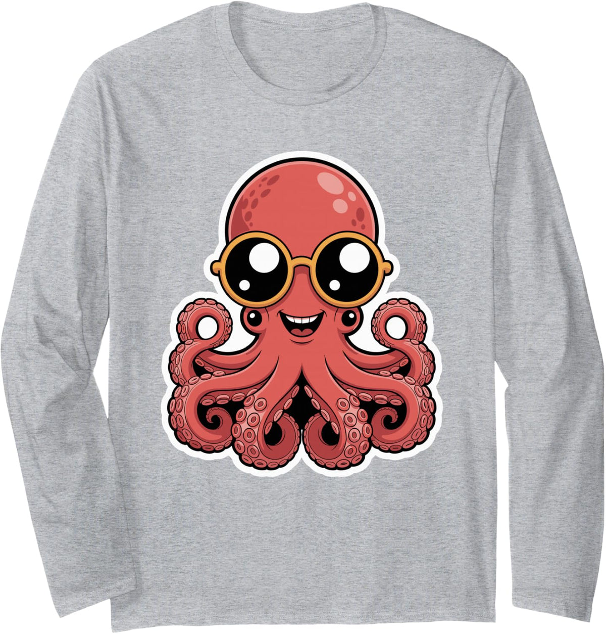 Nerdy Octopus with Goggles Cartoon Long Sleeve T-Shirt - Adult Unisex Heather Grey