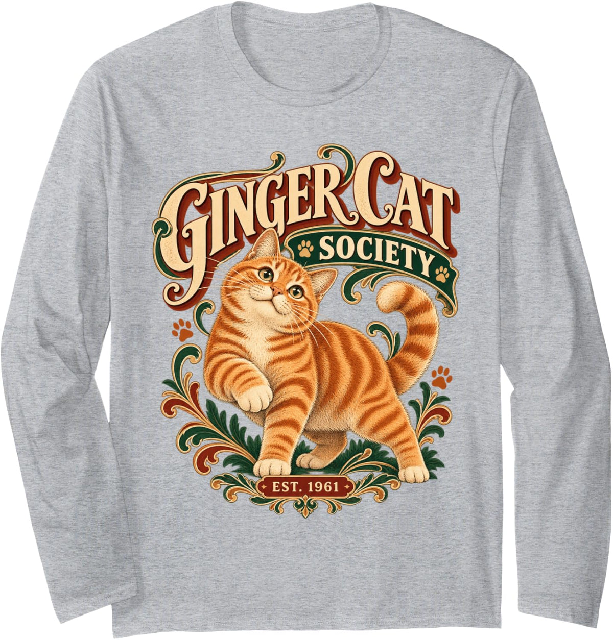 Ginger Cat Society Vintage Orange Tabby Design Long Sleeve T-Shirt - Adult Unisex Heather Grey