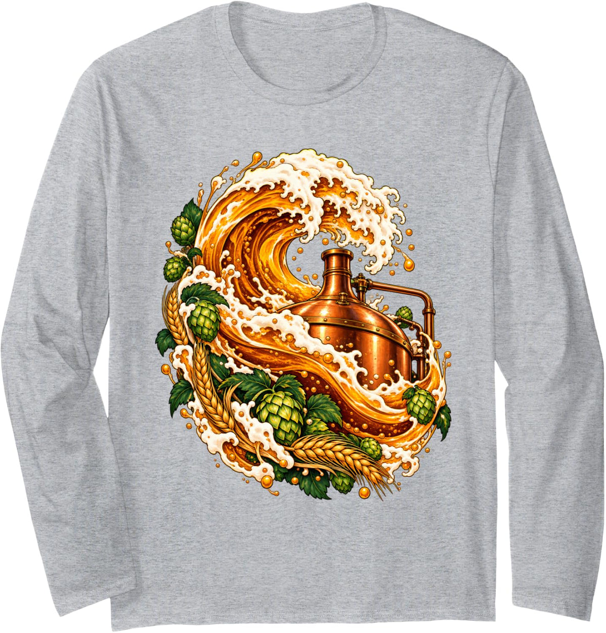 Home Brewing Beer Wave Hops and Copper Brew Kettle Long Sleeve T-Shirt - Adult Unisex Heather Grey