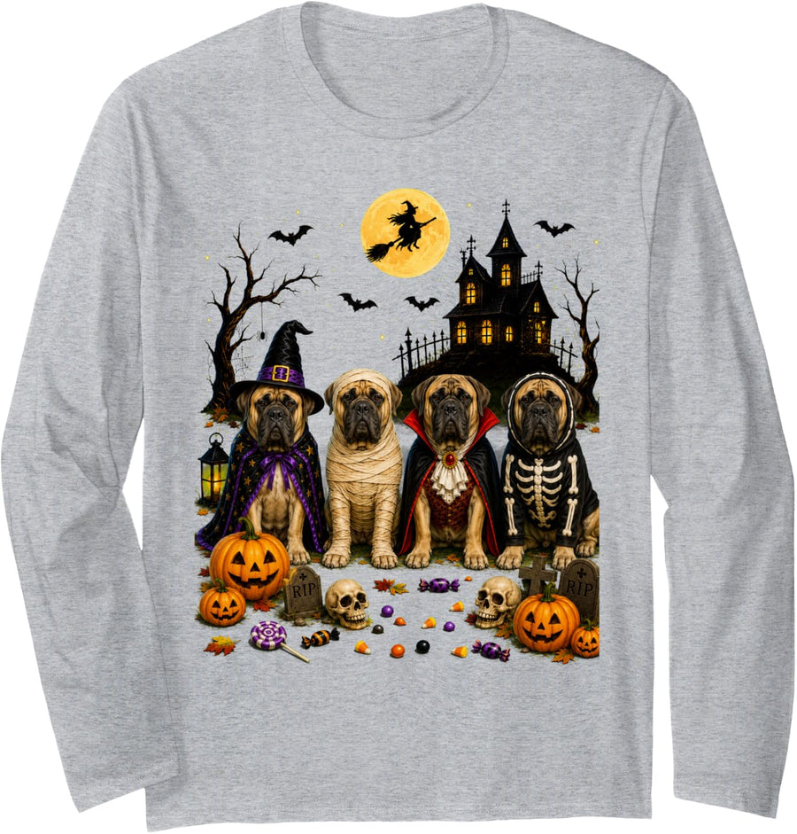 Dog Ghost Cute Mastiff Dressed As Ghost Funny Halloween Long Sleeve T-Shirt - Adult Unisex Heather Grey