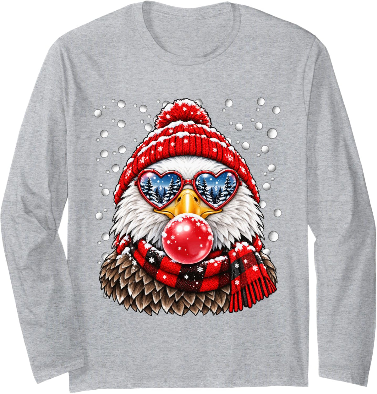 Snowy Bald Eagle with Bubblegum and Hearts Glasses Winter Long Sleeve T-Shirt - Adult Unisex Heather Grey