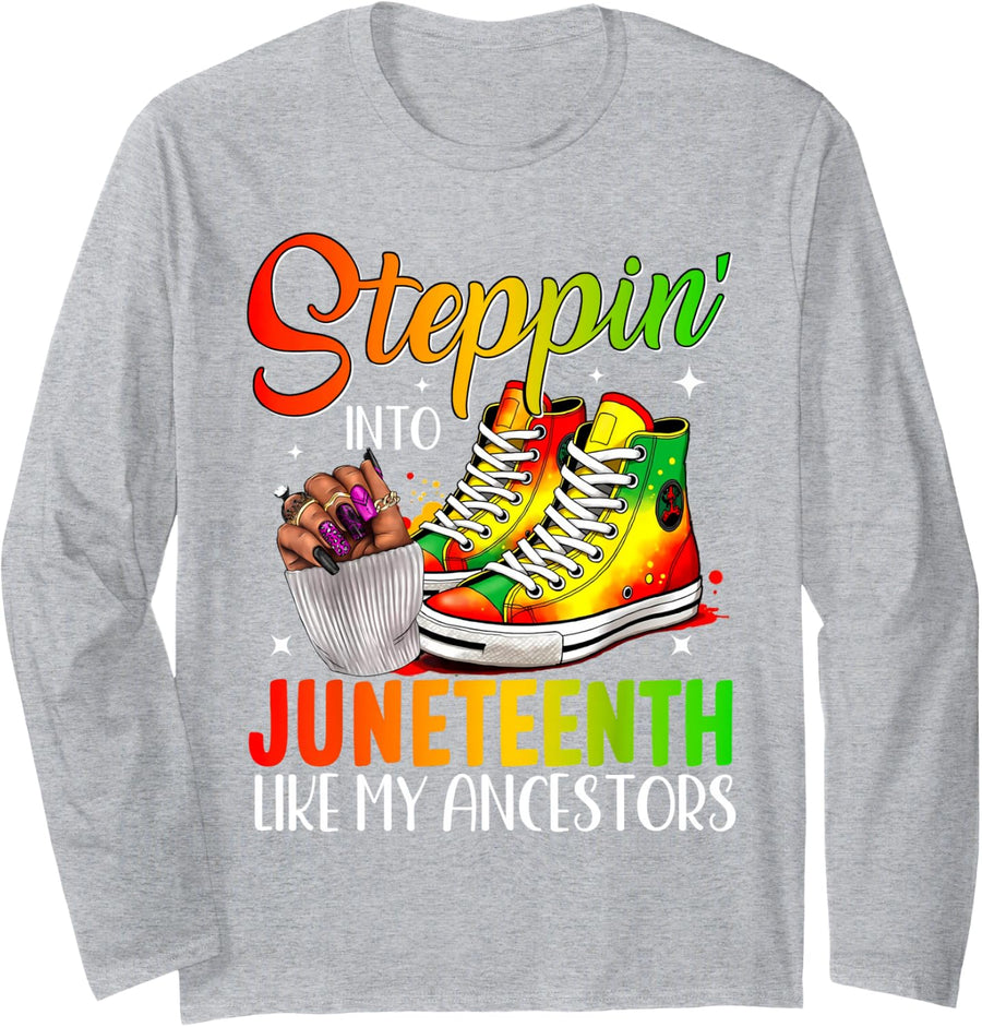 Stepping Into Juneteenth Afro Woman Black Girls Sneakers Men Long Sleeve T-Shirt - Adult Unisex Heather Grey