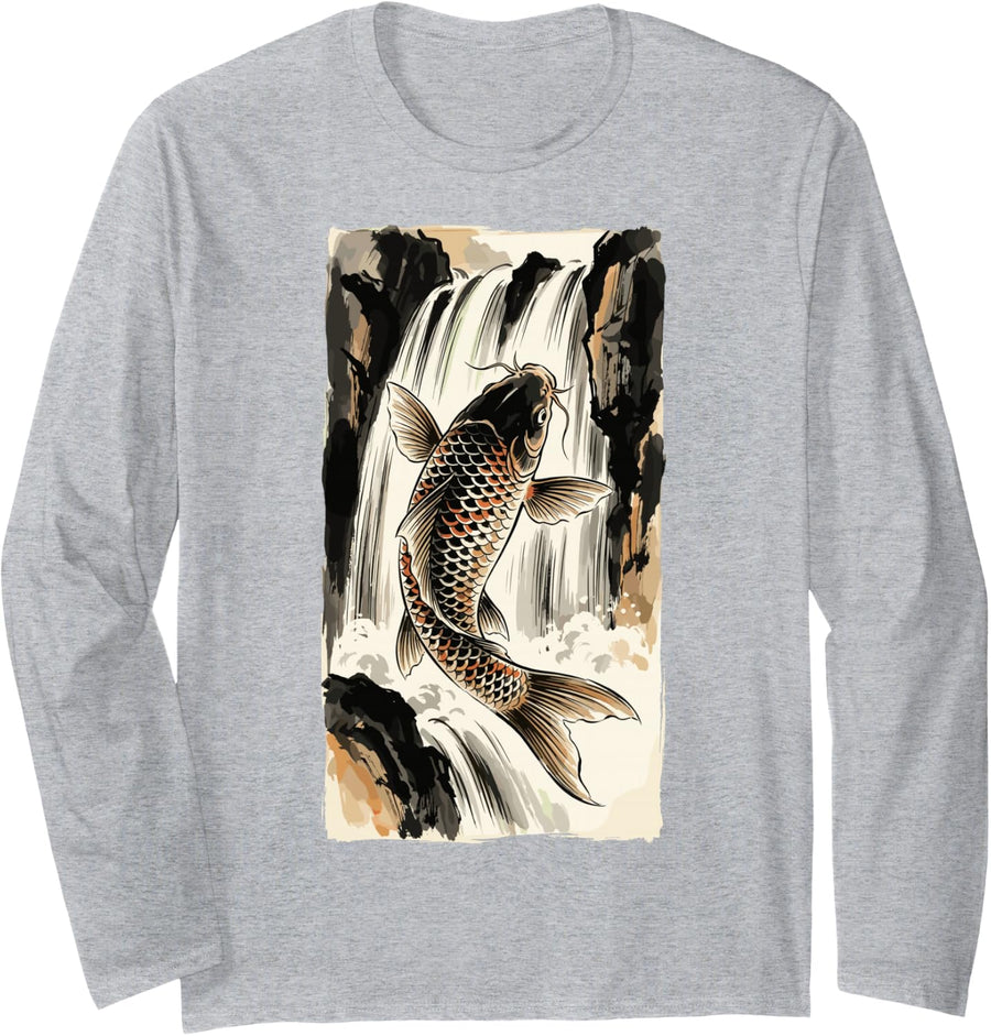Koi Fish Waterfall Japanese Art Nature Lover Men Long Sleeve T-Shirt - Adult Unisex Heather Grey