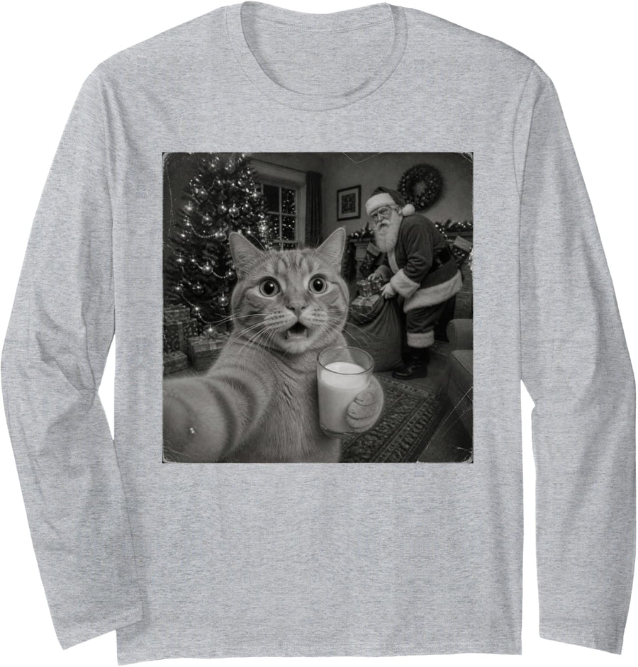 Funny Christmas Ginger Cat Long Sleeve T-Shirt - Adult Unisex Heather Grey