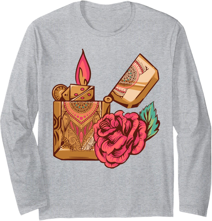 Traditional Tattoo Lighter Tattoo Lover Tattoo Artist Long Sleeve T-Shirt - Adult Unisex Heather Grey