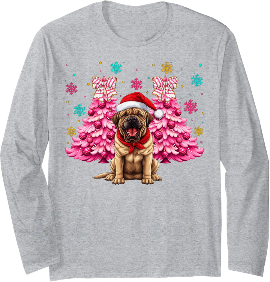 Santa English Mastiff Christmas Puppy Dog Xmas Boys Girls Long Sleeve T-Shirt - Adult Unisex Heather Grey