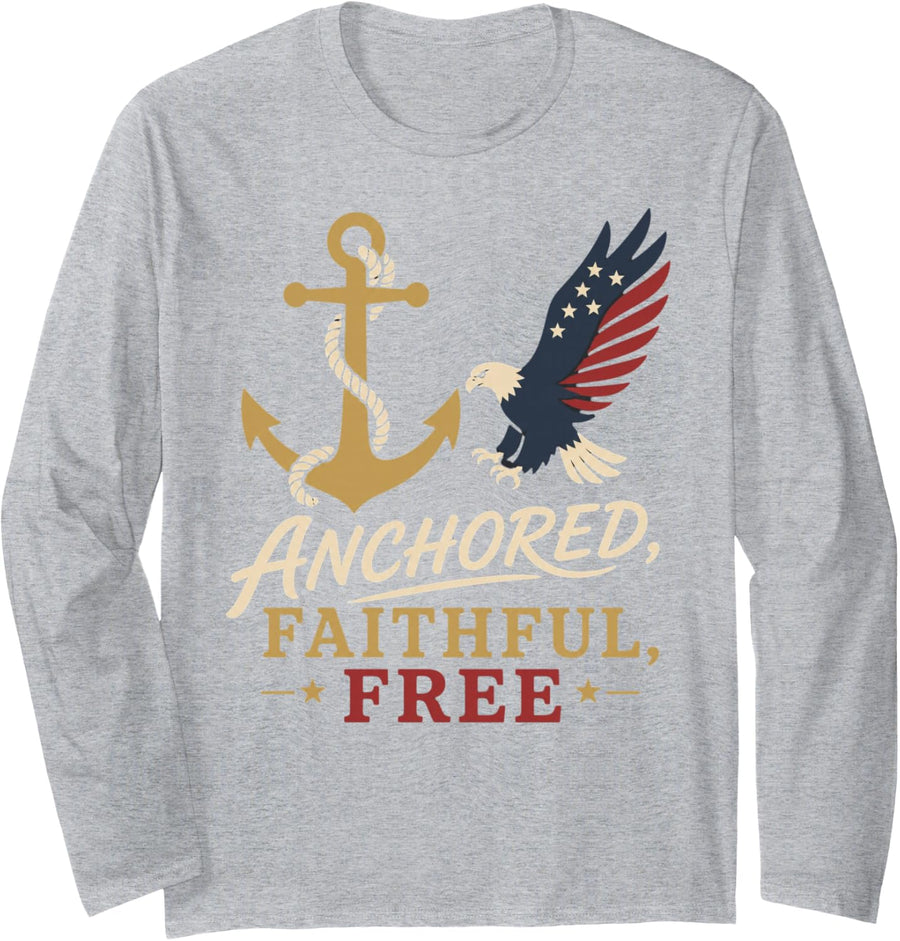 Anchored Faithful Free American Bald Eagle Anchor USA Long Sleeve T-Shirt - Adult Unisex Heather Grey