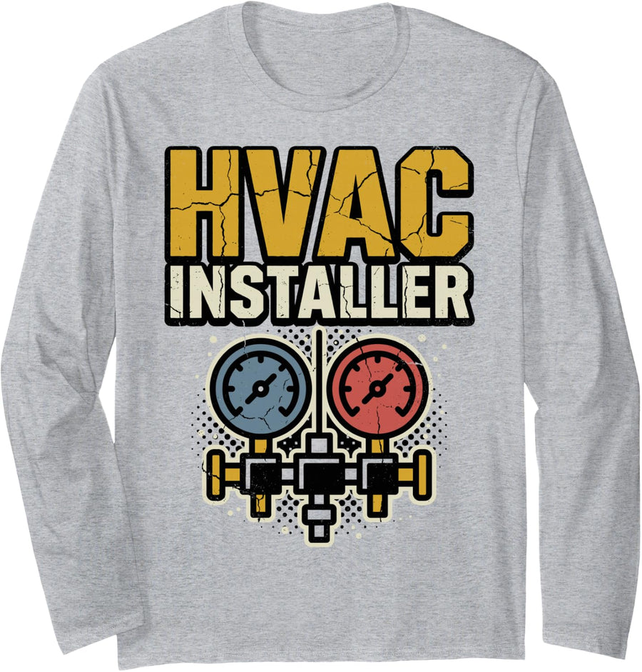 HVAC Technician HVAC Tech Installer Funny Tee Long Sleeve T-Shirt - Adult Unisex Heather Grey