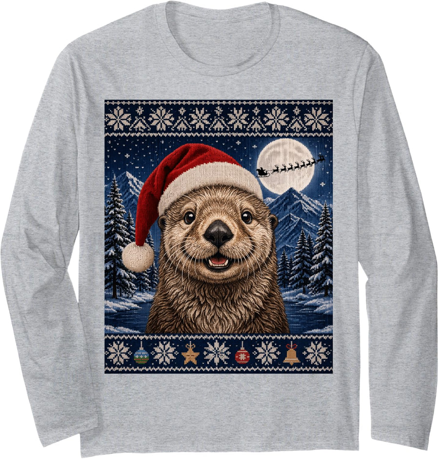 Sea Otter Santa Ugly Christmas Long Sleeve T-Shirt - Adult Unisex Heather Grey