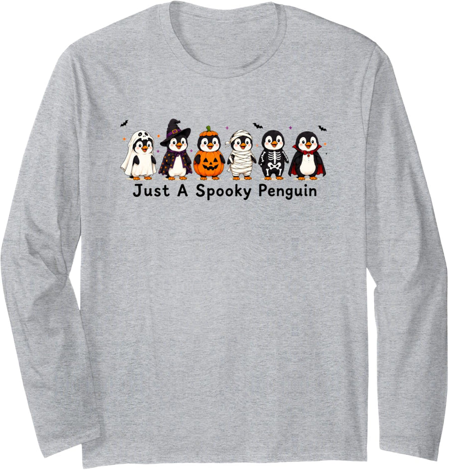 Just Spooky Penguin Lover Halloween Vampire Skeleton Mummy Long Sleeve T-Shirt - Adult Unisex Heather Grey