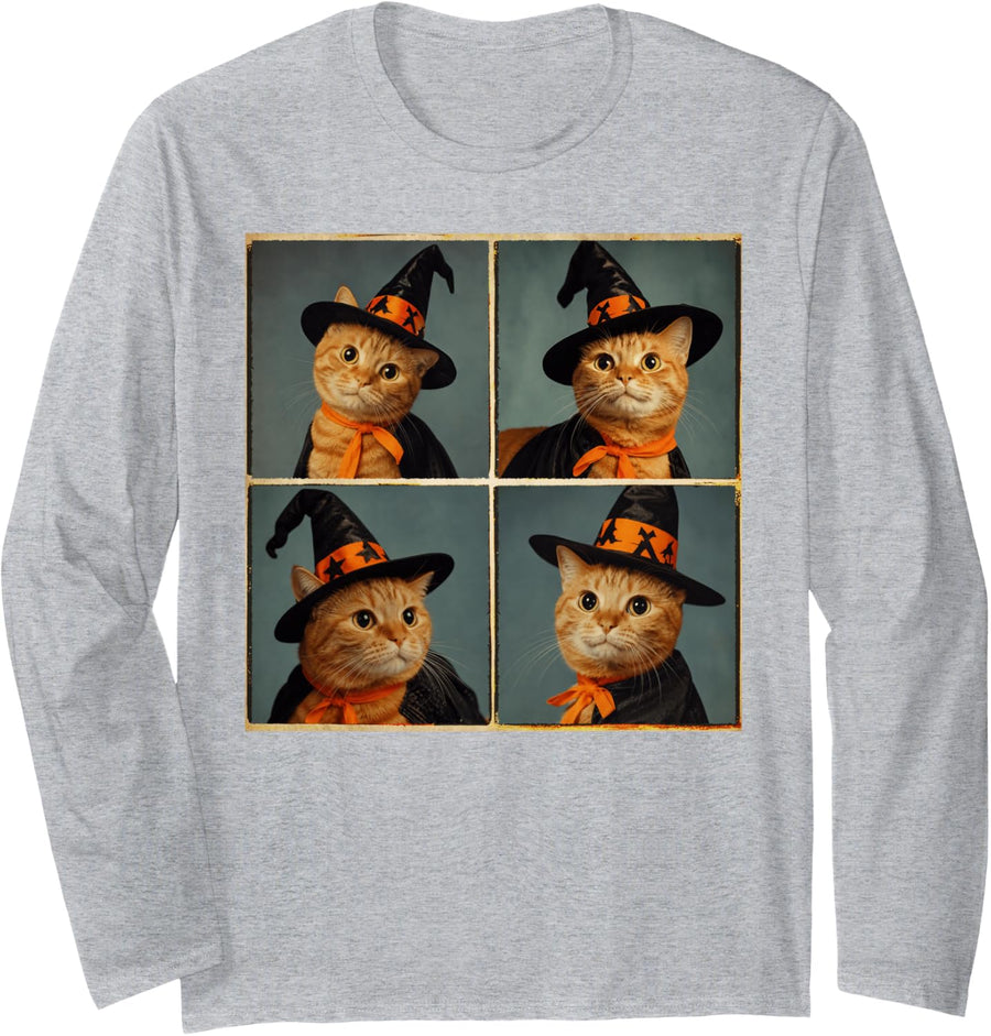 Funny Ginger Cat in Witch Costume Photoshoot Happy Halloween Long Sleeve T-Shirt - Adult Unisex Heather Grey