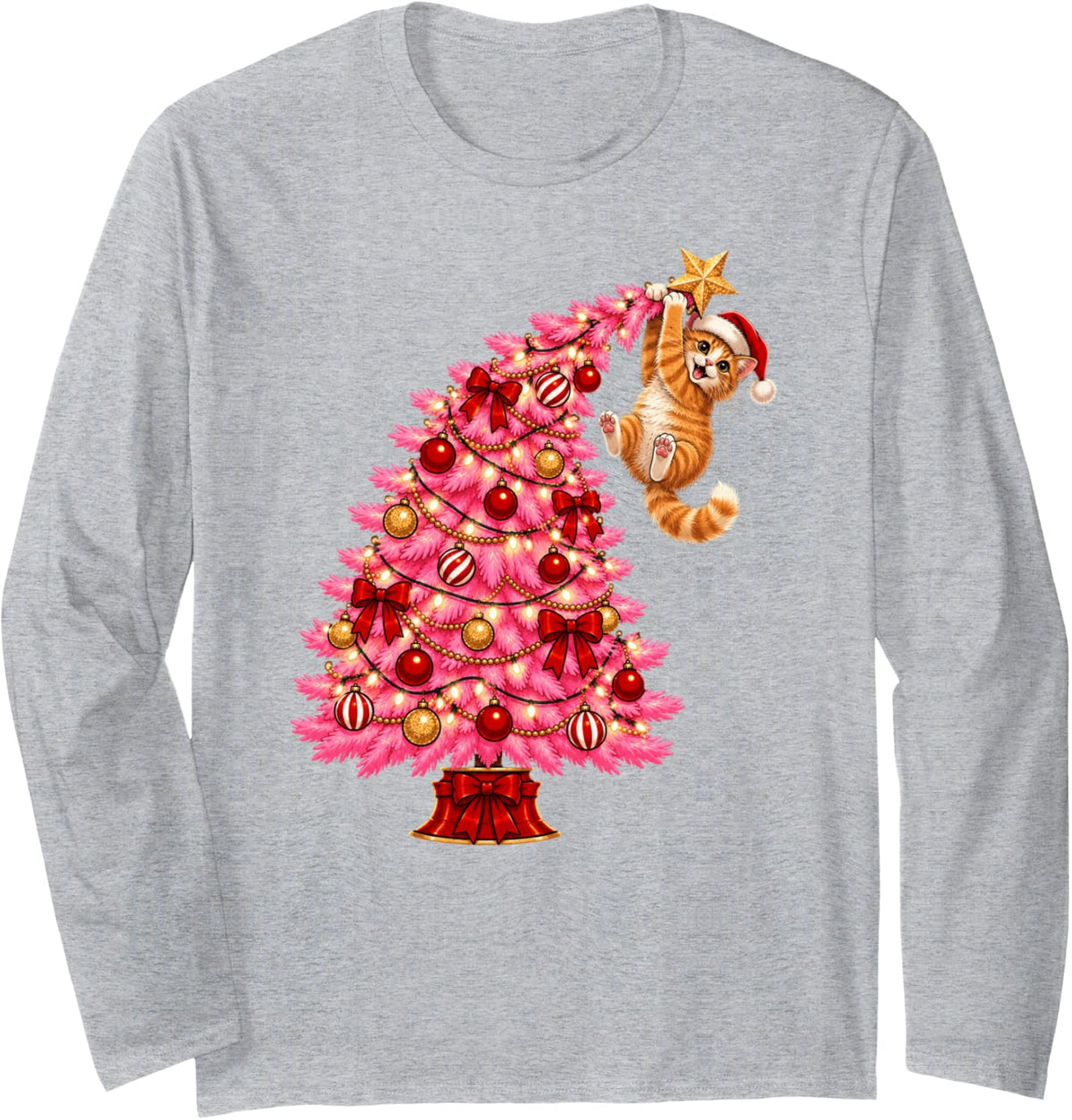 Pink Christmas Tree Funny Ginger Cat Climbing Long Sleeve T-Shirt - Adult Unisex Heather Grey