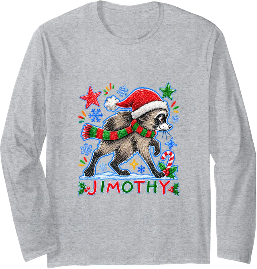 Jimothy Raccoon Cute Santa Holiday Funny Christmas Long Sleeve T-Shirt - Adult Unisex Heather Grey