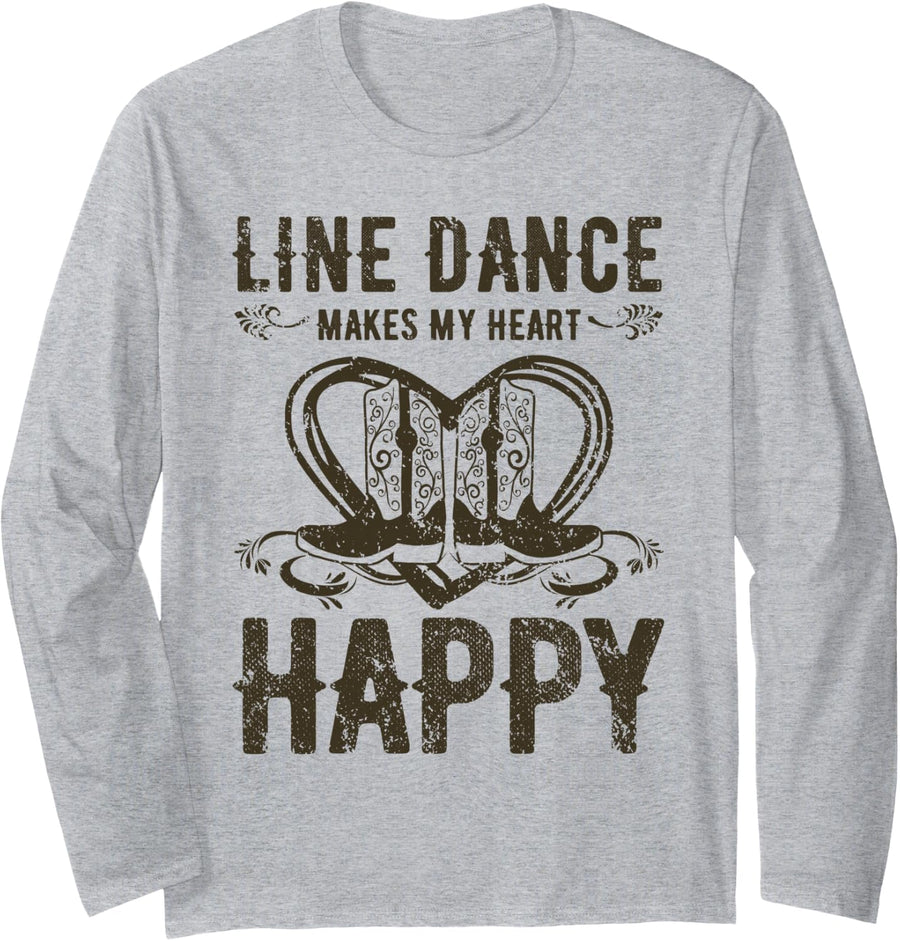 Cowboy Cowgirl Western with Heart in Vintage Line Dance Design Long Sleeve T-Shirt - Adult Unisex Heather Grey