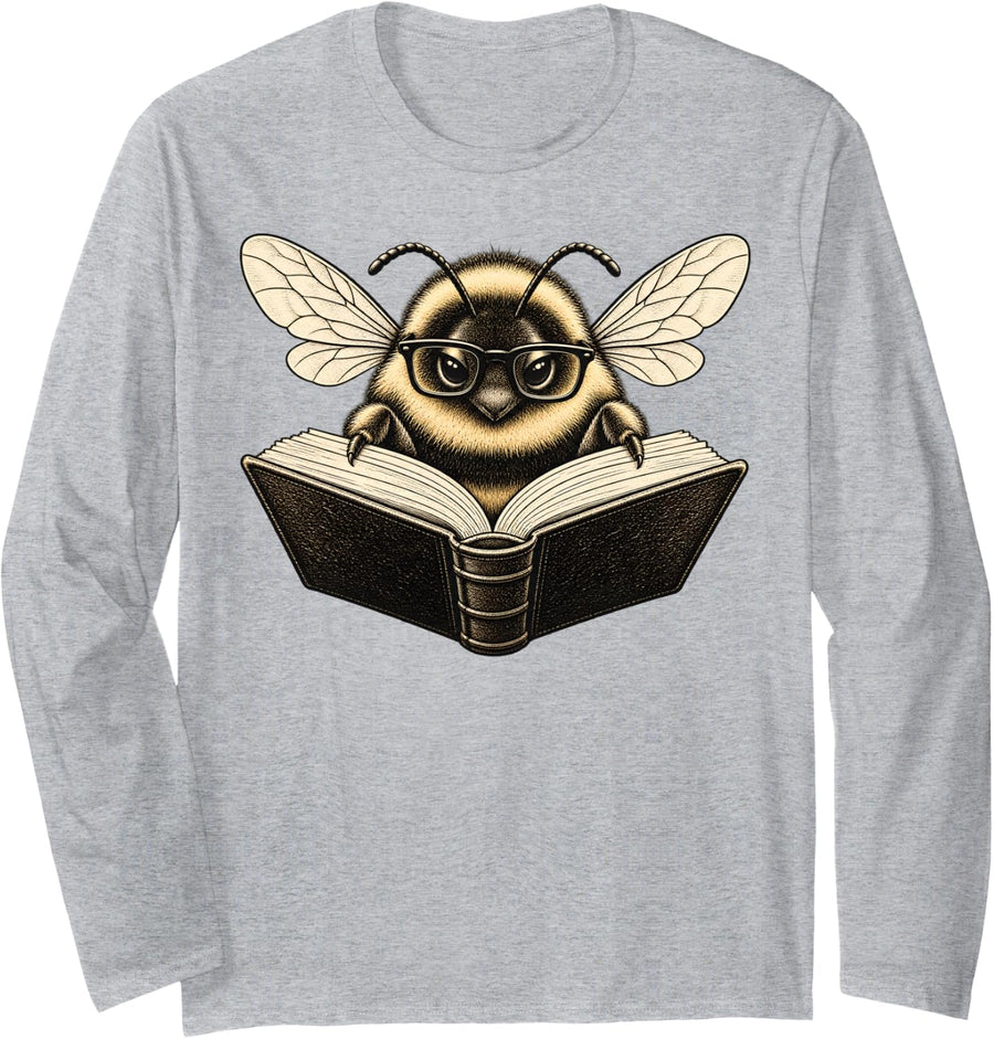 Reading Bee with Glasses Book Lover Library Funny Humor Long Sleeve T-Shirt - Adult Unisex Heather Grey