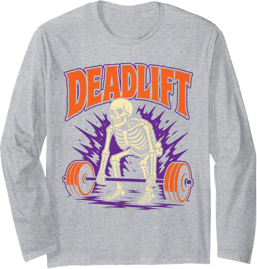 Gym Halloween Deadlift Skeleton Weightlifting Barbell Long Sleeve T-Shirt - Adult Unisex Heather Grey