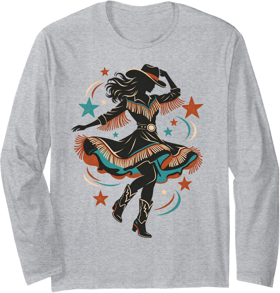 Cowgirl Western Dance Boots Line Dance Long Sleeve T-Shirt - Adult Unisex Heather Grey