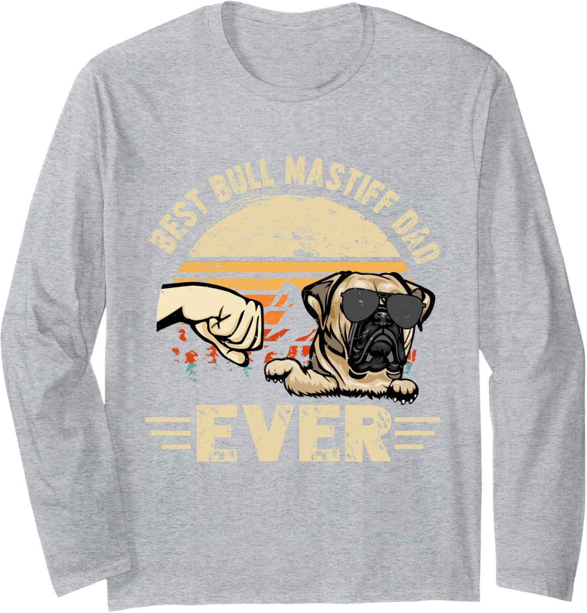 Best Bull Mastiff Dad Ever Sunset Retro Father's Day Long Sleeve T-Shirt - Adult Unisex Heather Grey