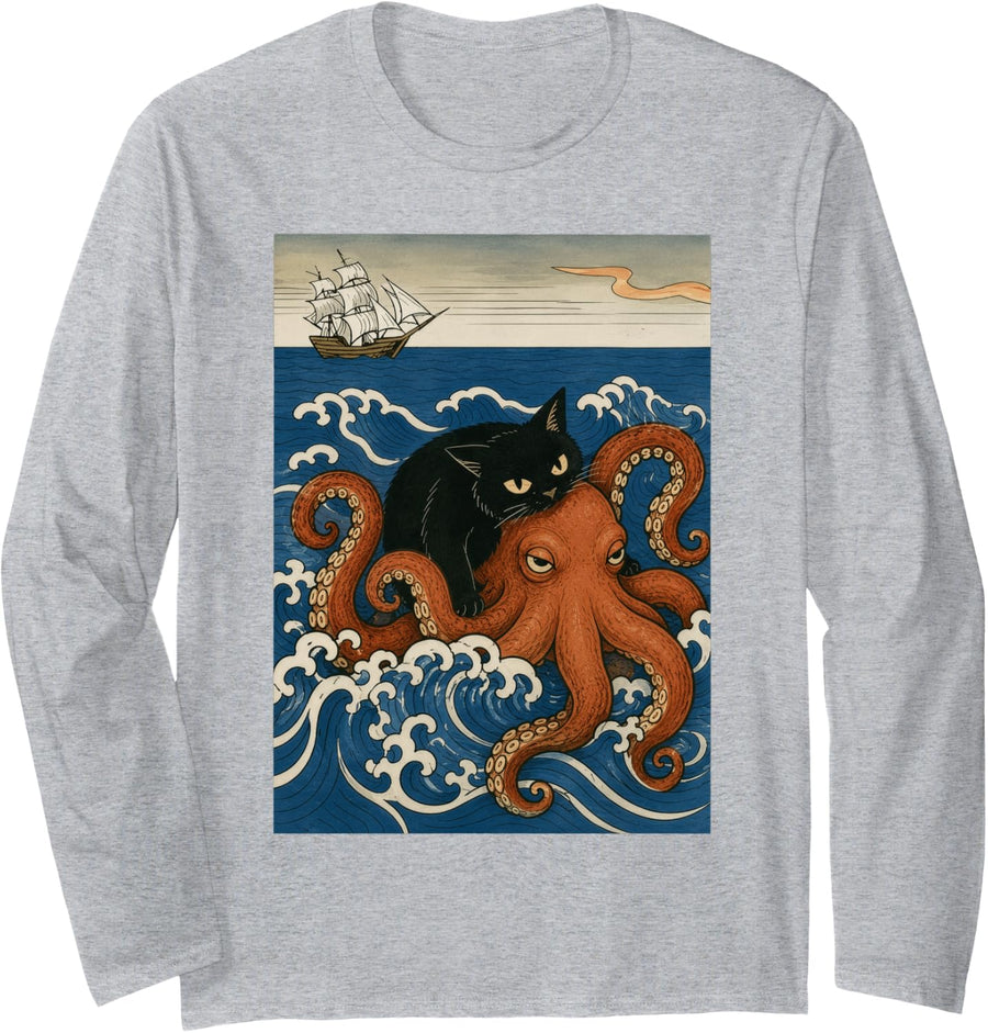 Funny Black Cat Riding Octopus Japanese Woodblock Ocean Art Long Sleeve T-Shirt - Adult Unisex Heather Grey