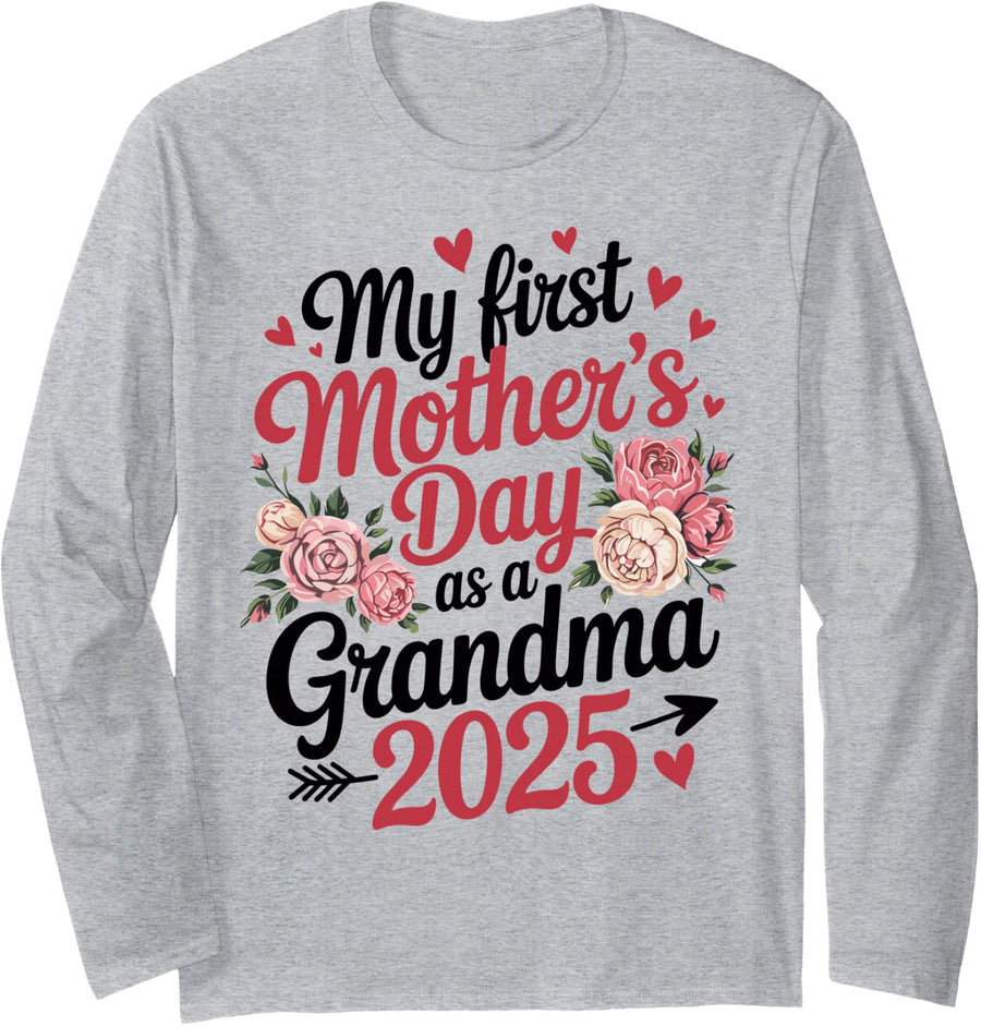 Cute My First Mother’s Day as a Grandma 2025 Floral Heart Long Sleeve T-Shirt - Adult Unisex Heather Grey