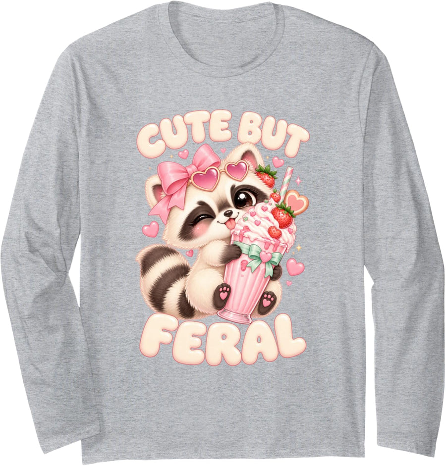 Kawaii Raccoon Giant Milkshake Funny Girls Cute But Feral Long Sleeve T-Shirt - Adult Unisex Heather Grey