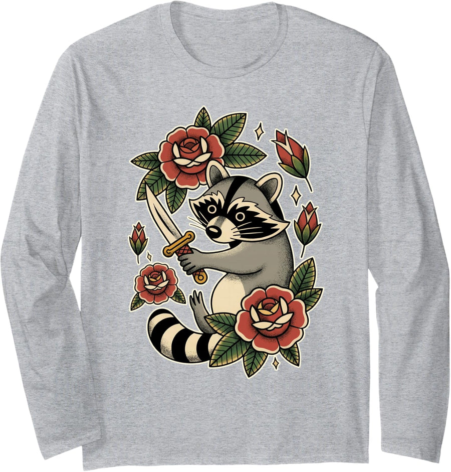 American Traditional Tattoo Raccoon Dagger Roses Old School Long Sleeve T-Shirt - Adult Unisex Heather Grey
