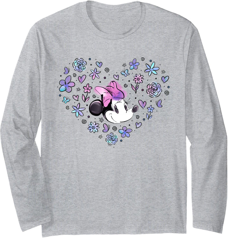 Disney Minnie Mouse Flower Heart Valentine’s Day Gift Long Sleeve T-Shirt - Adult Unisex Heather Grey