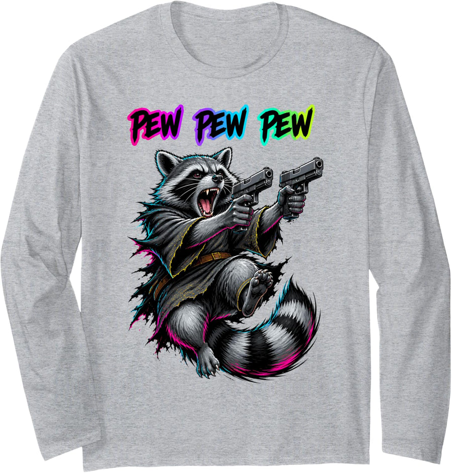 Pew Pew Pew Trash Panda Raccoon Midnight Laser Heist Humor Long Sleeve T-Shirt - Adult Unisex Heather Grey