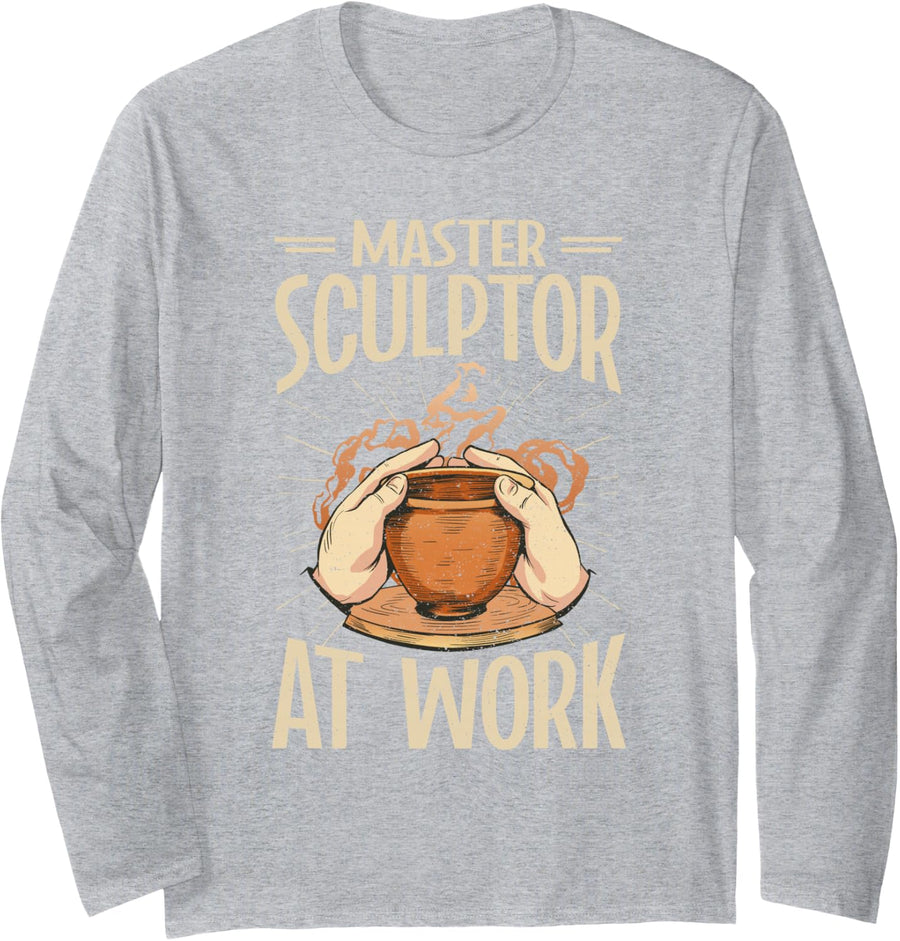 Master Sculptor At Work Pottery Clay Ceramic Artist Long Sleeve T-Shirt - Adult Unisex Heather Grey