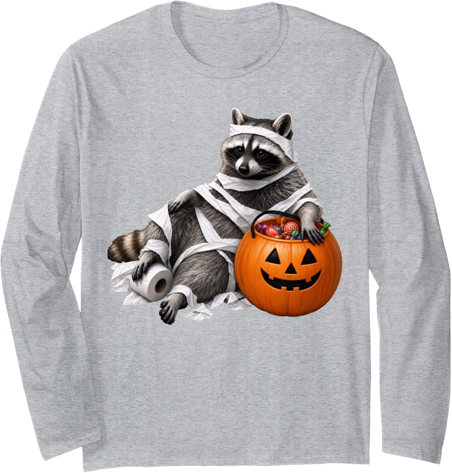 Chonky Raccoon Halloween Trick Or Treat Funny Animal Meme Long Sleeve T-Shirt - Adult Unisex Heather Grey