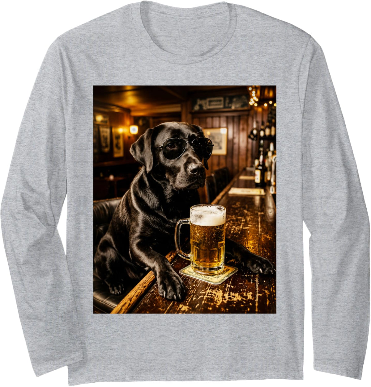 Funny Black Lab Drinking Beer Dog Sunglasses Pub Design Long Sleeve T-Shirt - Adult Unisex Heather Grey