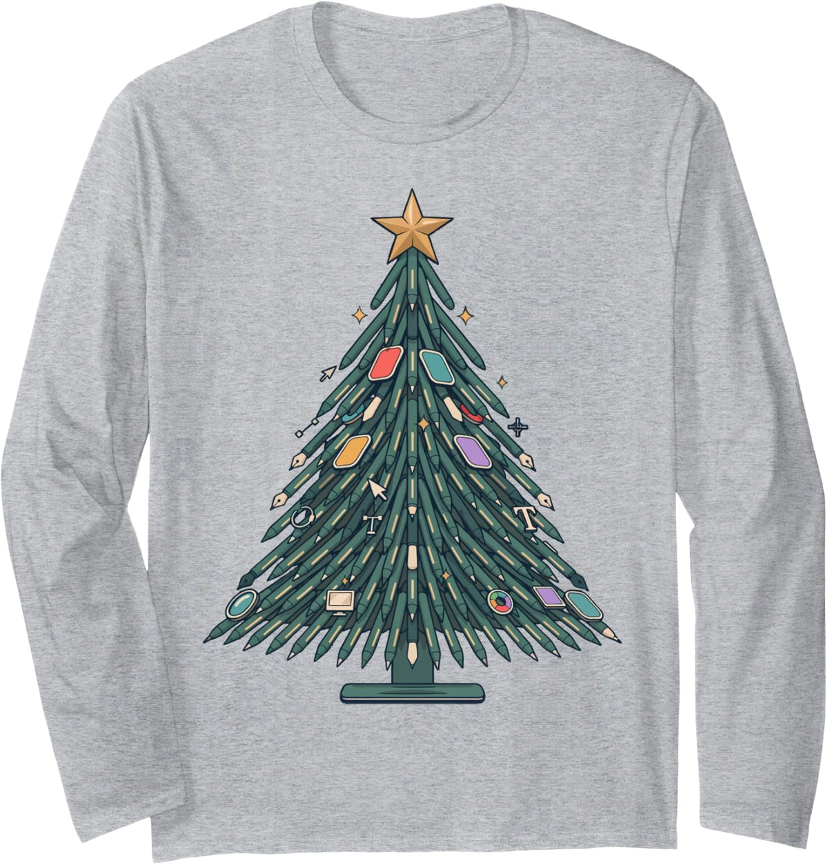 Graphic Designer Christmas Tree Long Sleeve T-Shirt - Adult Unisex Heather Grey