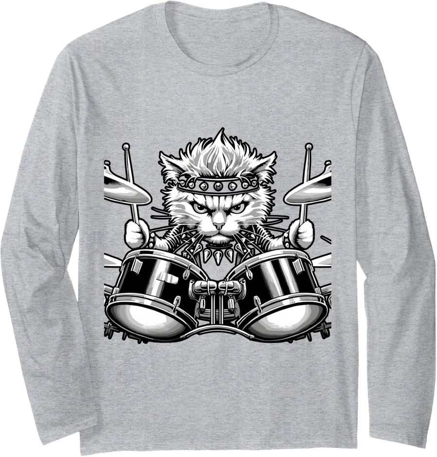Rock and Roll Cat Drummer Drumset Long Sleeve T-Shirt - Adult Unisex Heather Grey