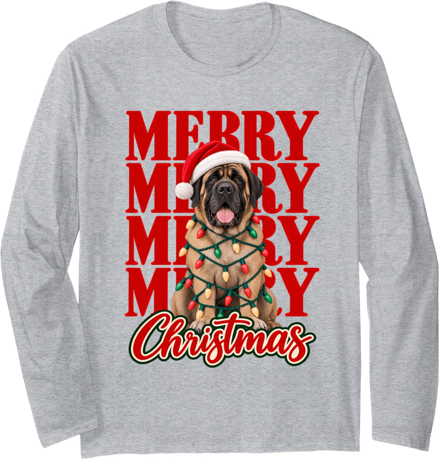 Merry Christmas Mastiff Santa Dog Lovers Xmas Long Sleeve T-Shirt - Adult Unisex Heather Grey