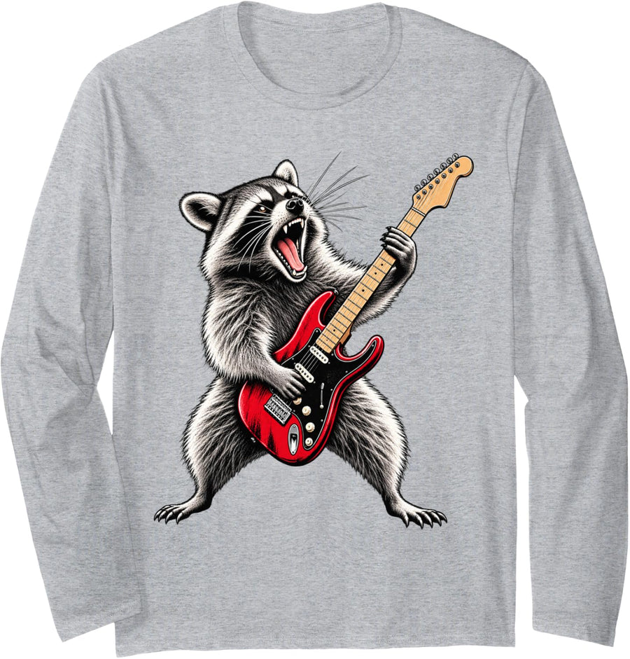 Rock Raccoon Playing Electric Guitar Trash Panda Music Art Long Sleeve T-Shirt - Adult Unisex Heather Grey