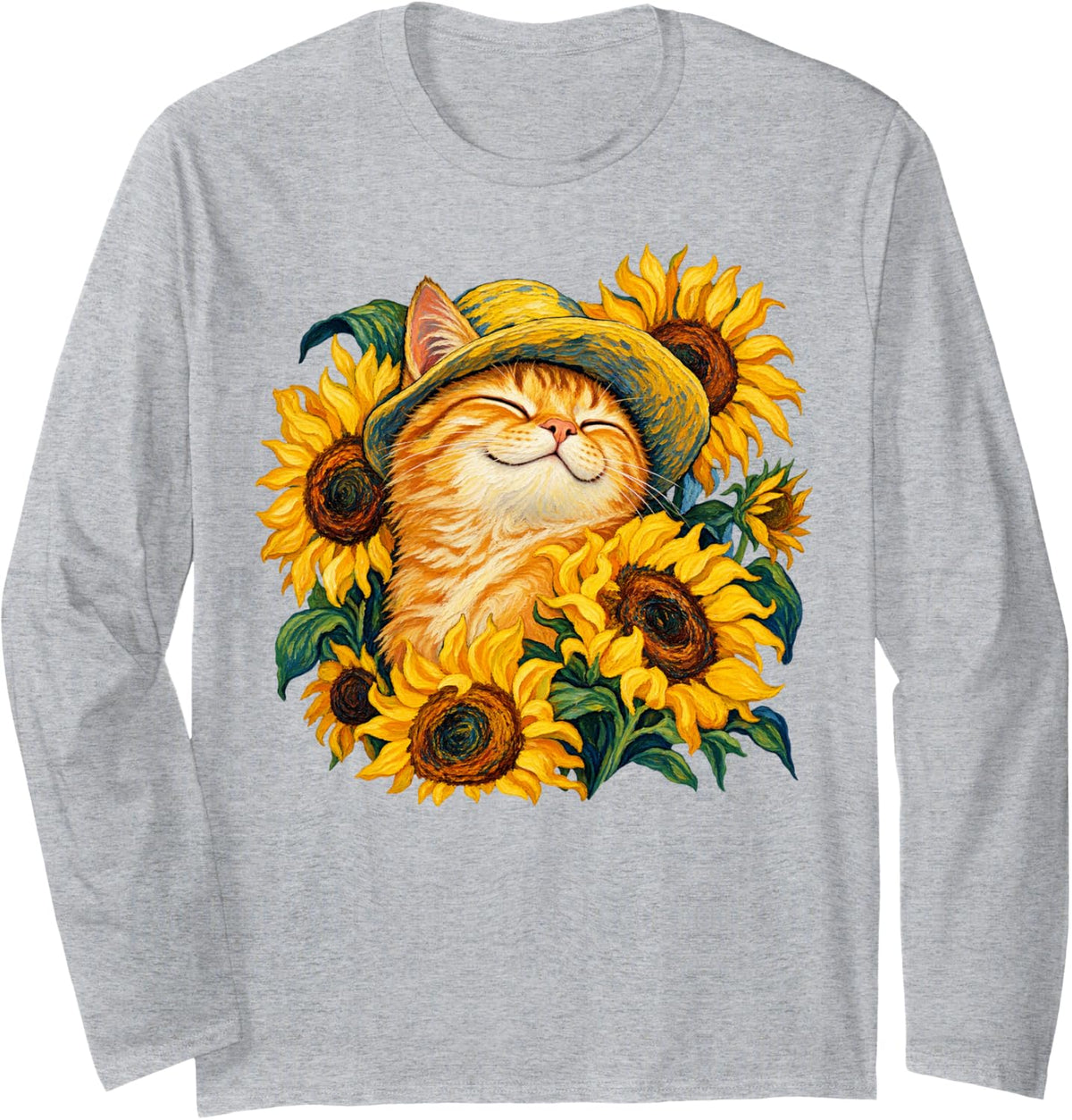 Ginger Cat with Sunflowers Straw Hat Summer Art Long Sleeve T-Shirt - Adult Unisex Heather Grey