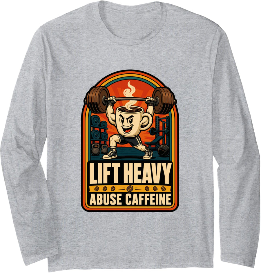 Funny Coffee Drinker and Weightlifting for Men and Women Long Sleeve T-Shirt - Adult Unisex Heather Grey