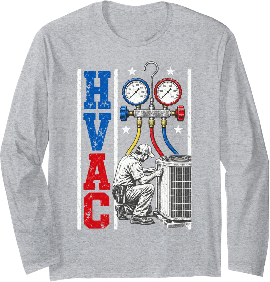 Distressed Proud USA HVAC Tech American Flag HVAC Technician Long Sleeve T-Shirt - Adult Unisex Heather Grey