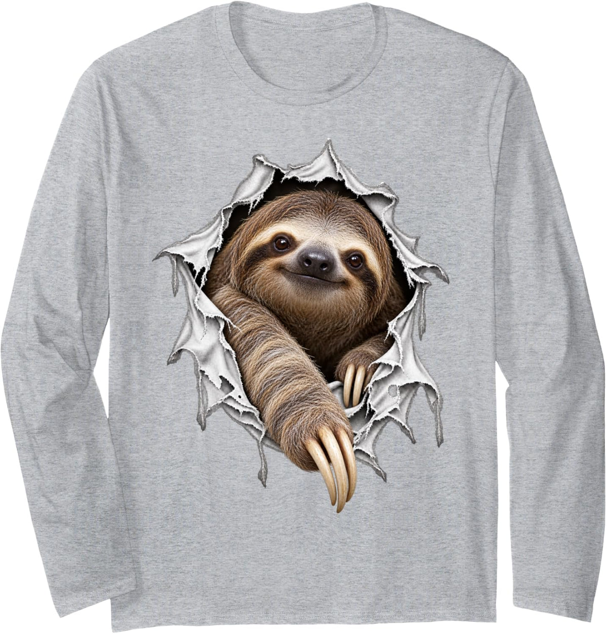 Cute Sloth Crawling Out of Ripped Design Long Sleeve T-Shirt - Adult Unisex Heather Grey