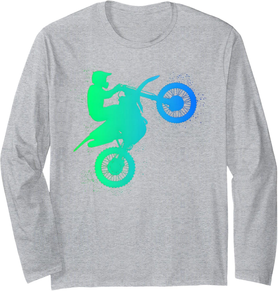 Motocross Dirt Bike Racing Rider Teal High Wheelie Art Long Sleeve T-Shirt - Adult Unisex Heather Grey