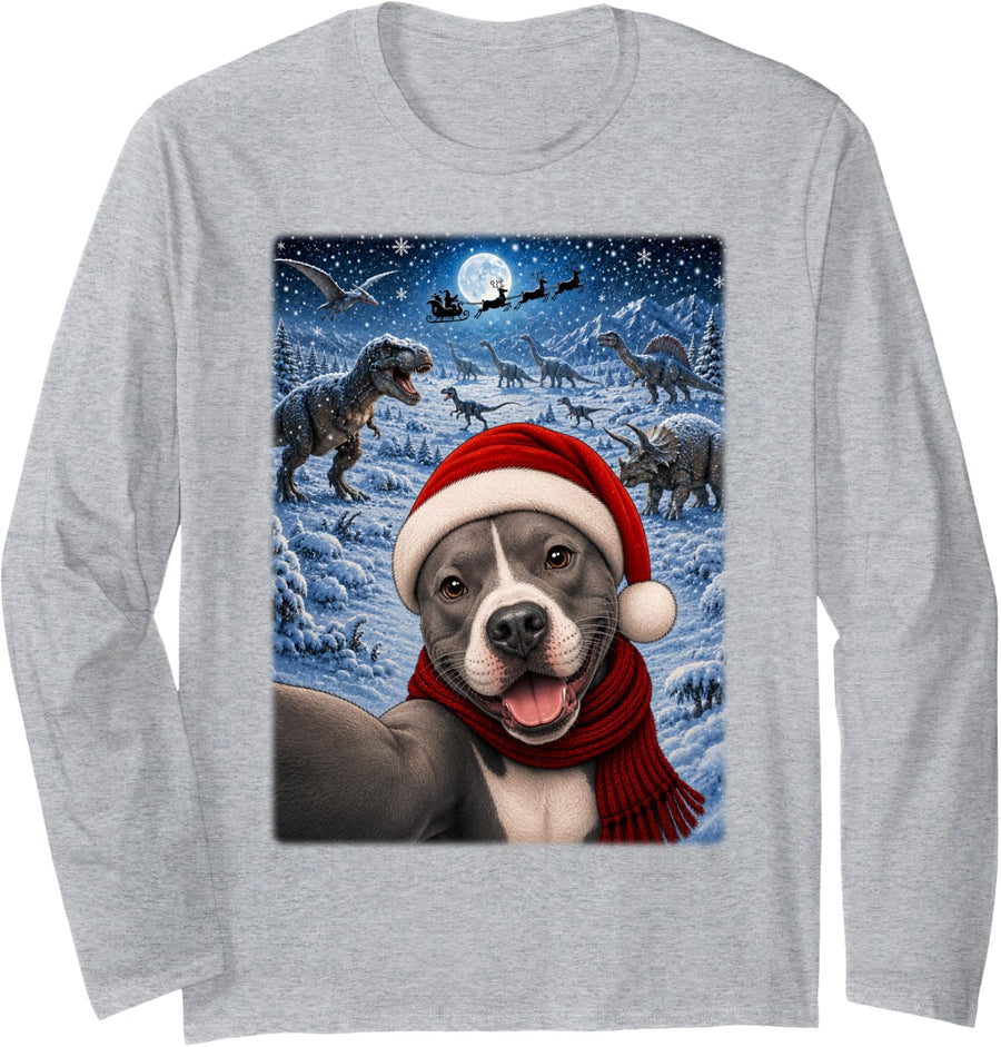 American Staffordshire Terrier Dog Christmas Moon Night Xmas Long Sleeve T-Shirt - Adult Unisex Heather Grey