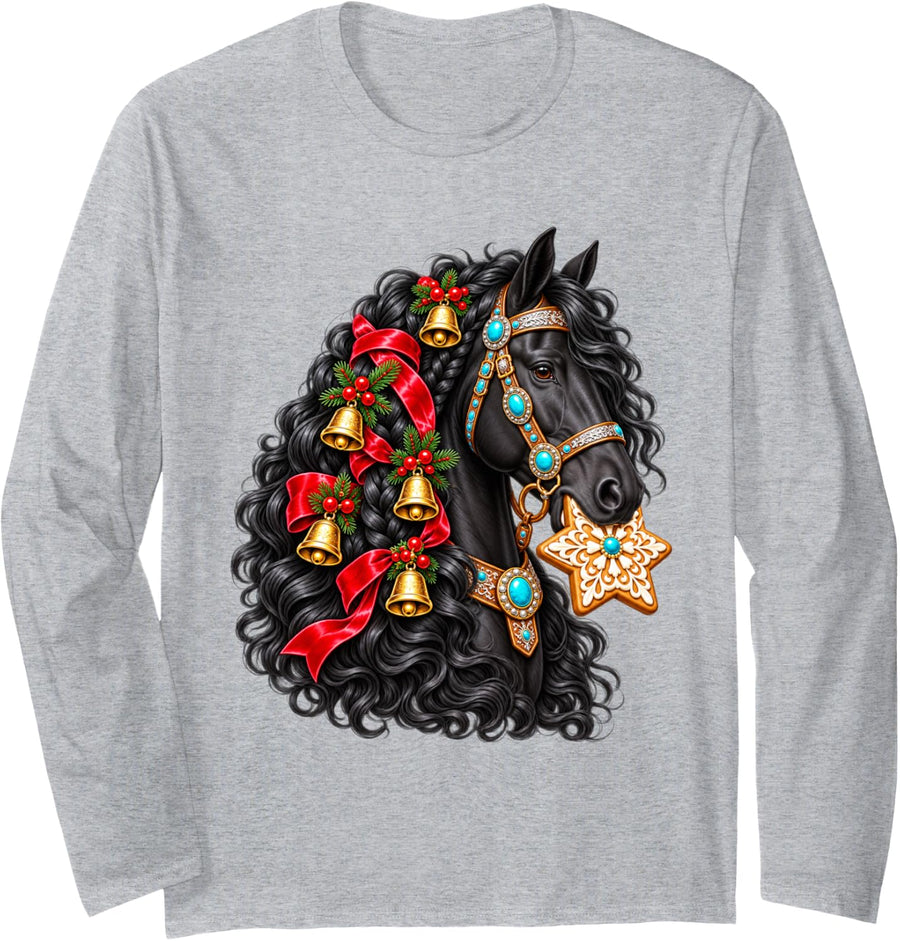 Western Christmas Black Horse with Gingerbread Star Cookie Long Sleeve T-Shirt - Adult Unisex Heather Grey