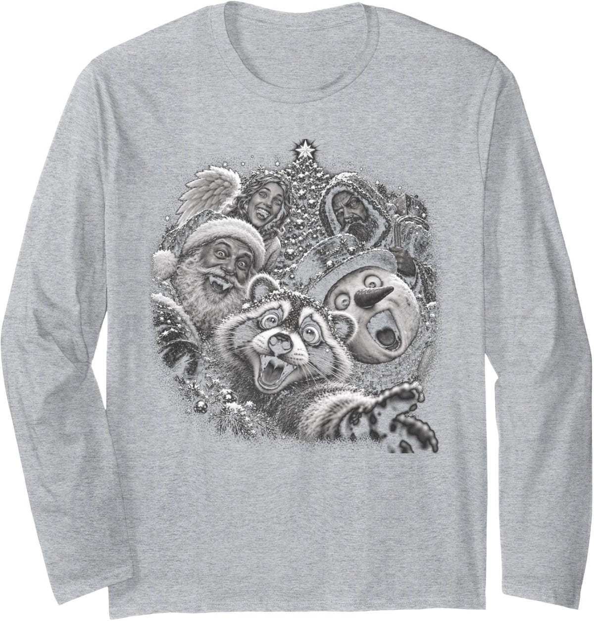 Raccoon Christmas Selfie Laughing Snowman Art Long Sleeve T-Shirt - Adult Unisex Heather Grey