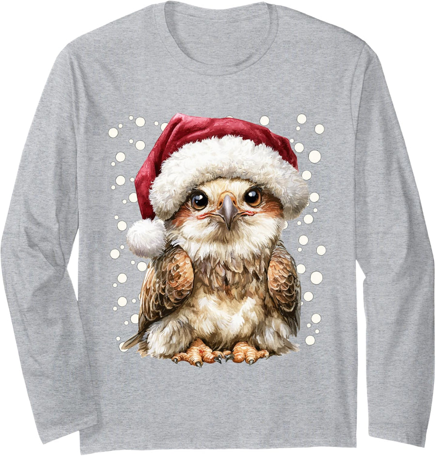 Cute Christmas Bald Eagle Wearing Santa Hat Winter Animal Long Sleeve T-Shirt - Adult Unisex Heather Grey